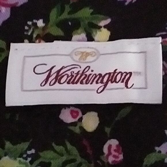 Worthington Dress Vintage 80s 90s Puffed 3/4 Sleeves Floral Pink on Black 10/12 - Picture 8 of 13